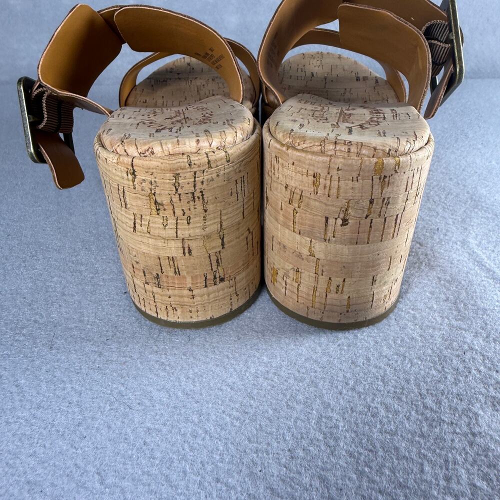 Kork Ease tan leather platform slip ons - sandals heels cork sole buckle size 9M - Picture 4 of 9